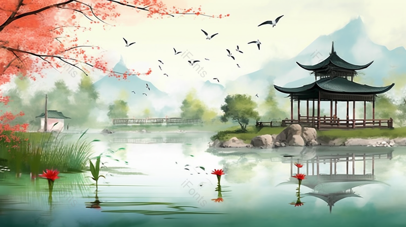 中国风古典建筑大雁回春山水手绘插图,插画/手绘图,插画/手绘图库,插画/手绘图下载,插画/手绘